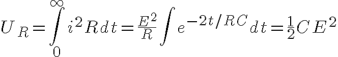 $U_R=\int_0^{\infty}i^2Rdt=\frac{E^2}{R}\int e^{-2t/RC}dt=\frac12CE^2$
